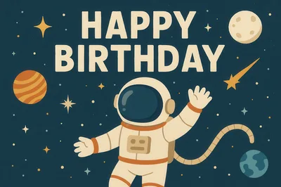 Cute Astronaut Floating in Space Birthday Illustration