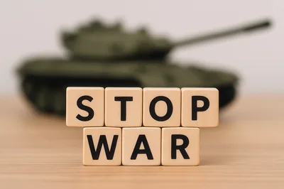 Wooden Blocks Spelling Stop War With Toy Tank