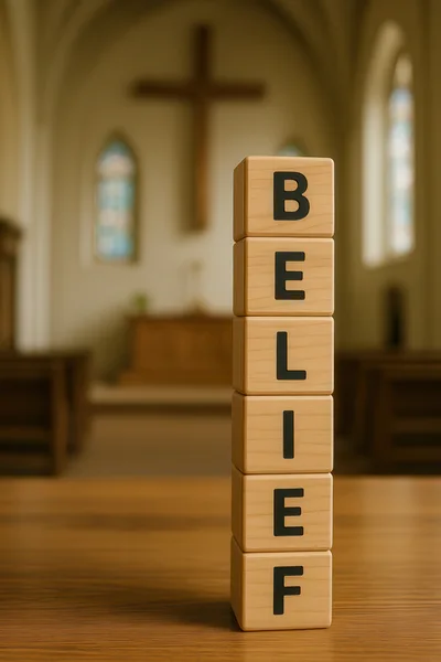 Wooden Blocks Spelling Belief In A Church Setting