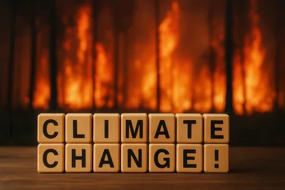 Wooden Blocks Spelling Climate Change Against Forest Fire Background