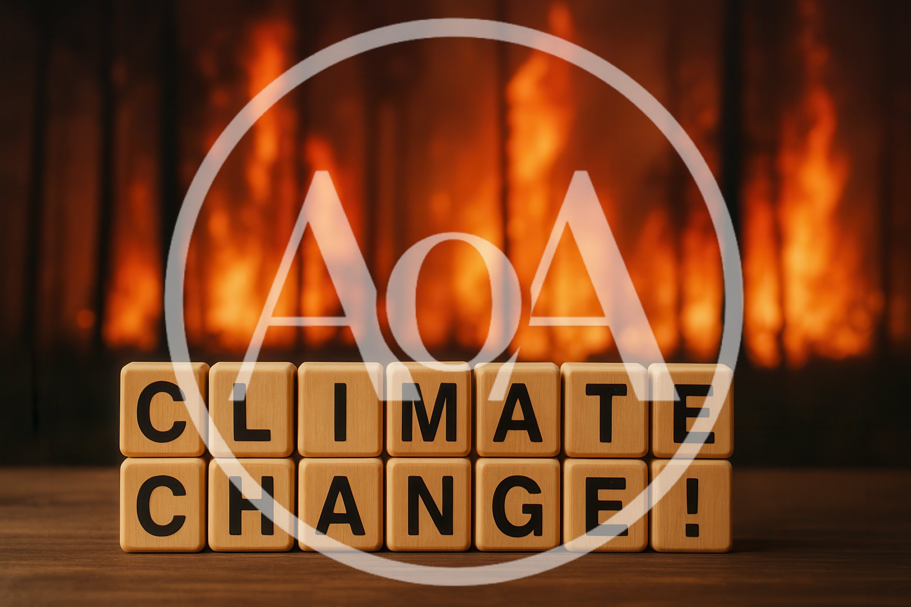 Wooden Blocks Spelling Climate Change Against Forest Fire Background