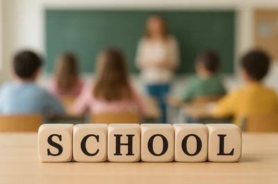 Wooden Blocks Spelling School In A Classroom