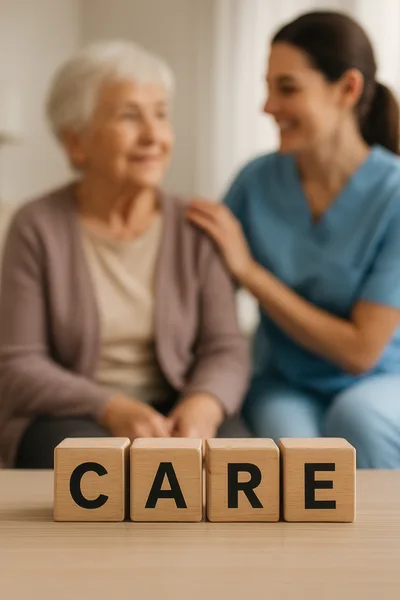 Caregiver Supporting Elderly Woman With Wooden Blocks