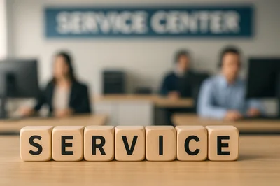 Wooden Blocks Spelling Service in a Customer Support Office