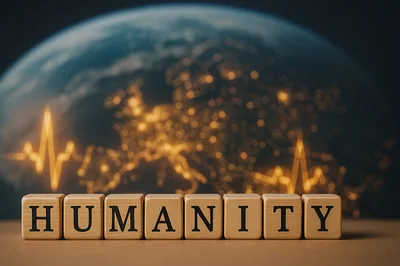 Wooden Blocks Spelling Humanity With Earth Background