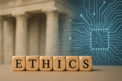 Wooden Blocks Spelling Ethics With Digital Circuit Background