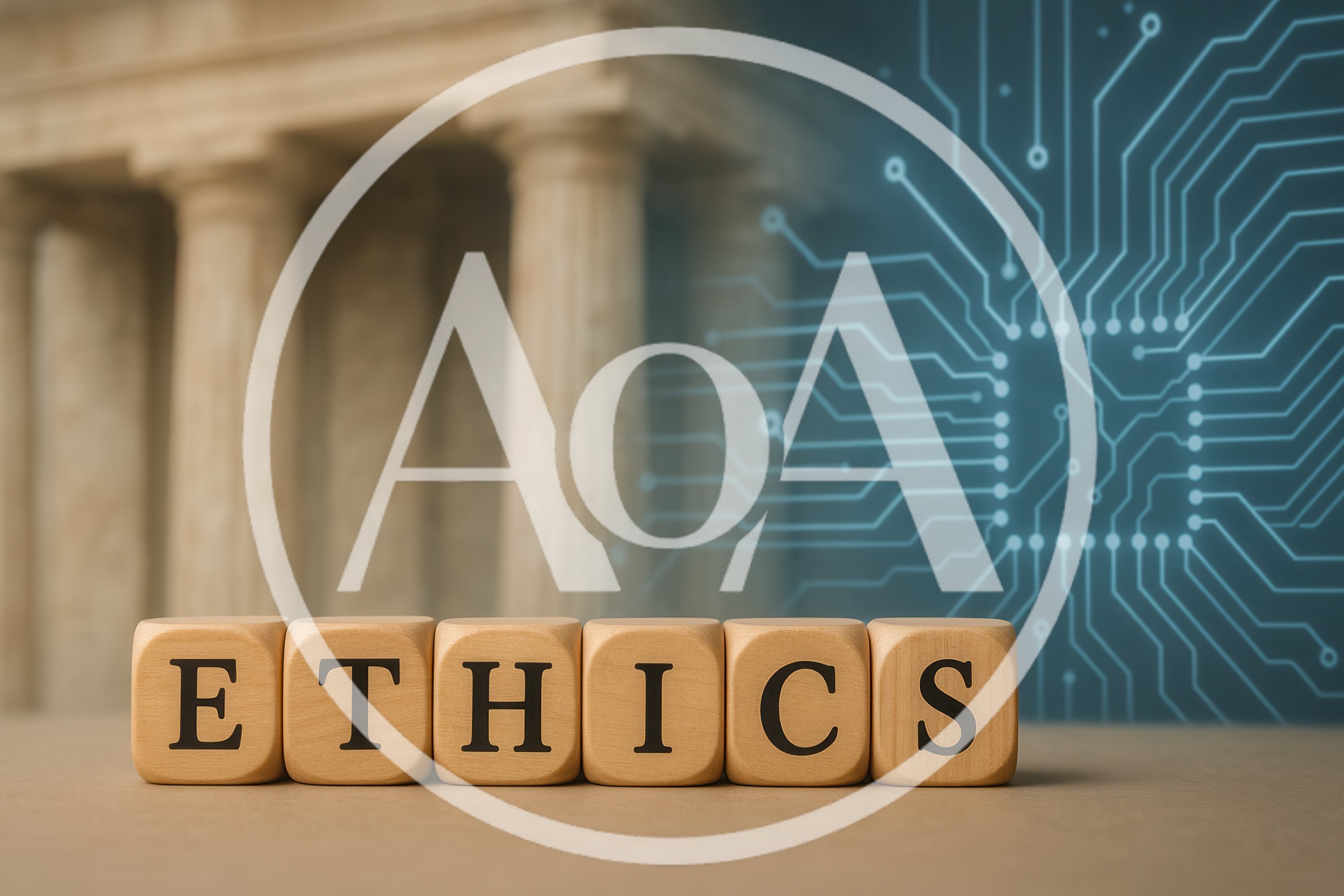 Wooden Blocks Spelling Ethics With Digital Circuit Background