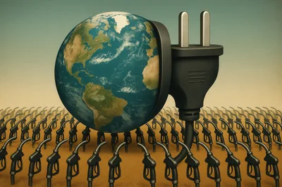 Earth Globe Connected To Electrical Plug Amidst Gas Pumps