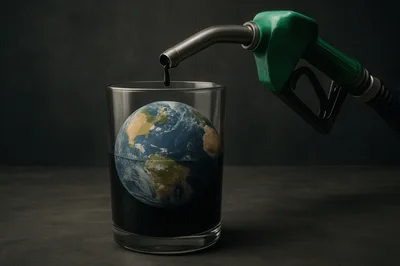 Fuel Nozzle Pouring Oil Over Earth Globe In Glass