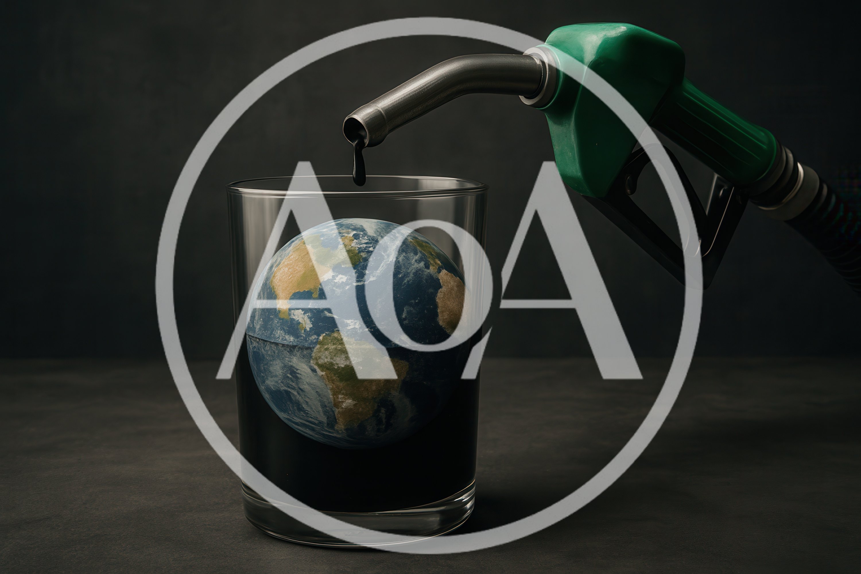 Fuel Nozzle Pouring Oil Over Earth Globe In Glass