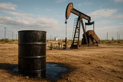 Oil Barrel And Pumpjack In Desert Landscape