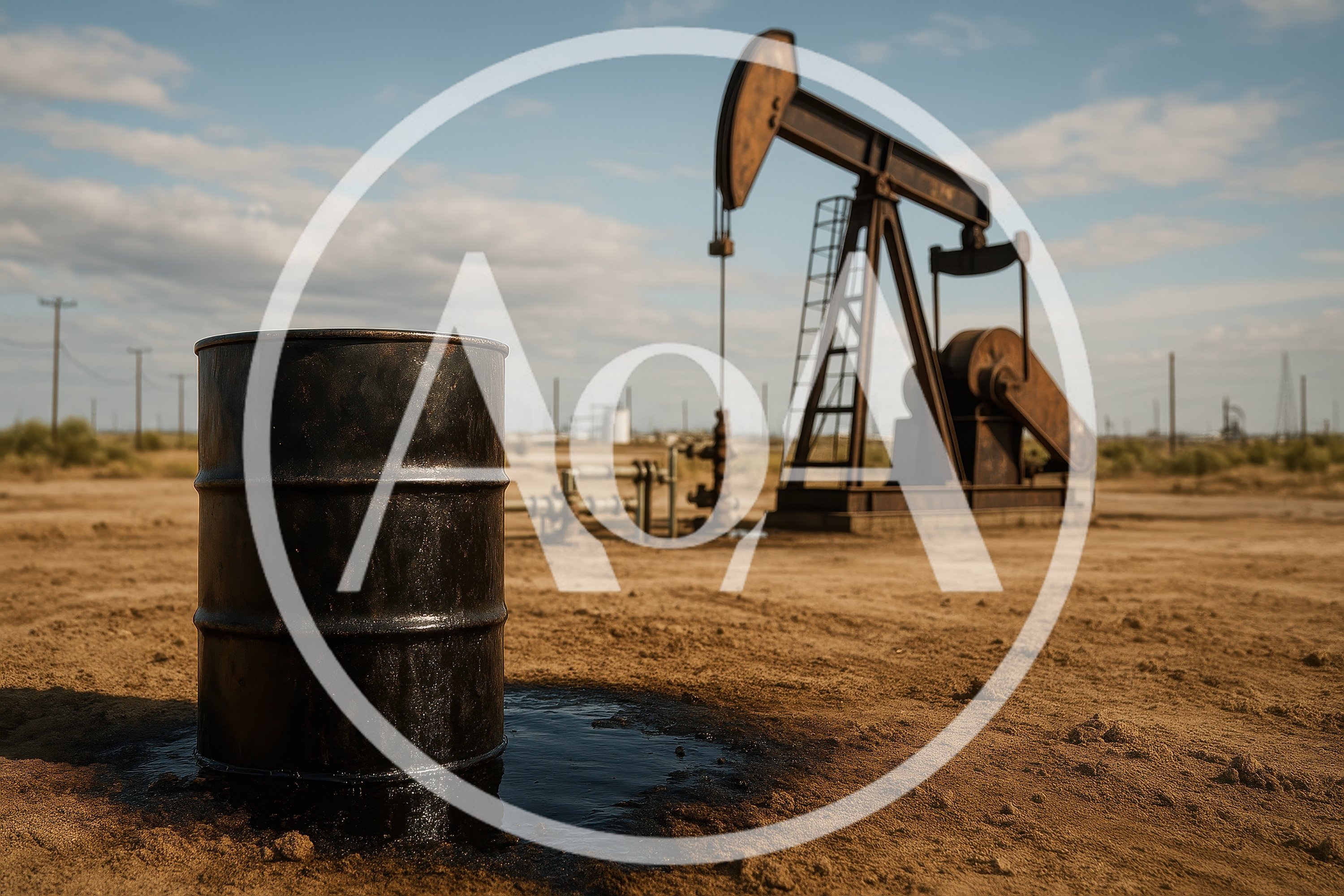 Oil Barrel And Pumpjack In Desert Landscape