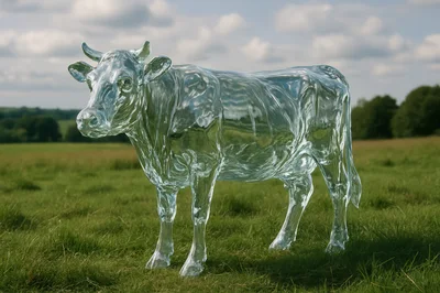 Transparent Glass Cow Sculpture Standing In A Green Field