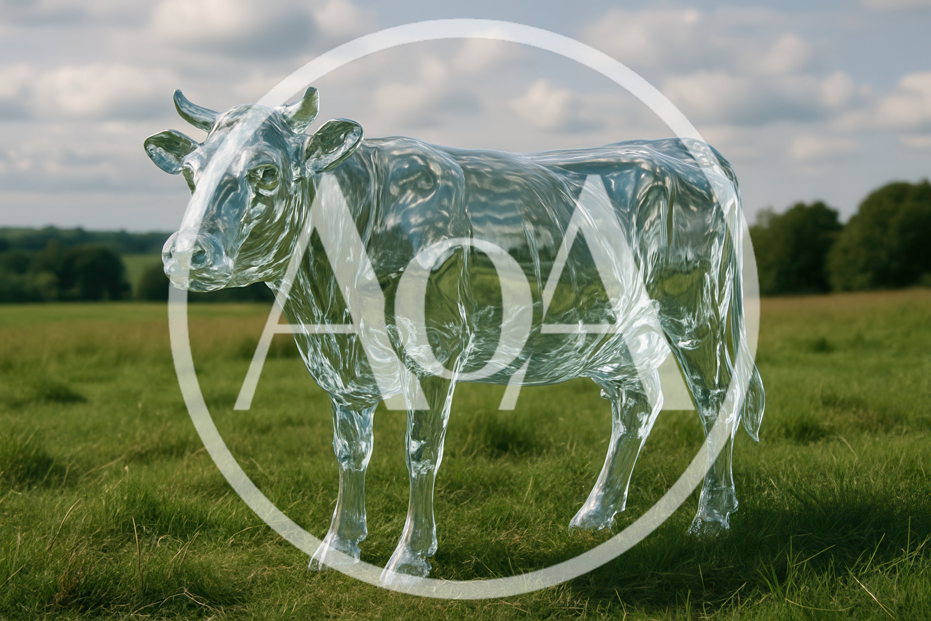 Transparent Glass Cow Sculpture Standing In A Green Field