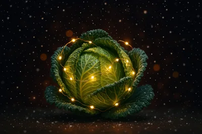 Savoy Cabbage Wrapped In Glowing Fairy Lights