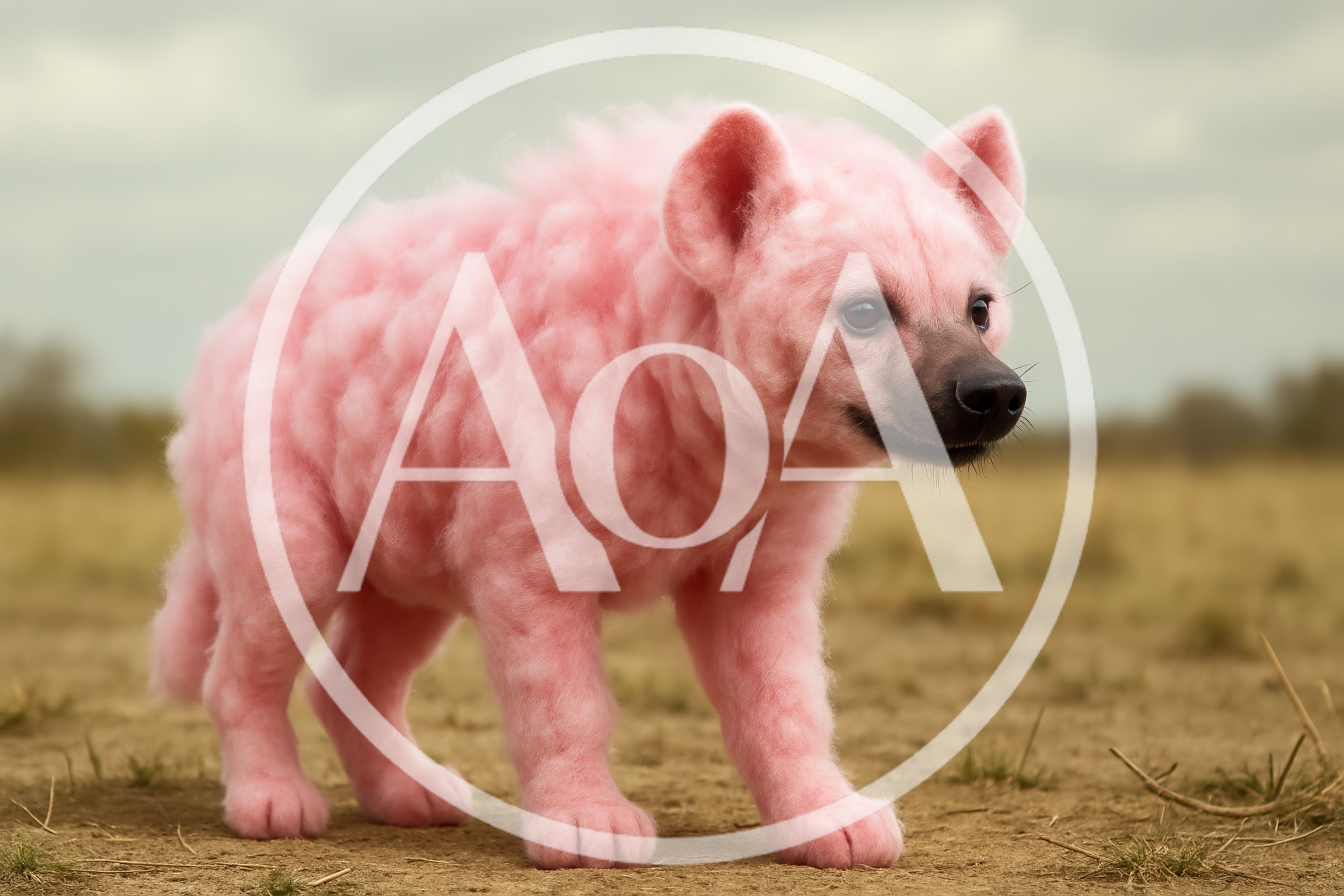 Surreal Pink Hyena Standing In A Dry Savanna