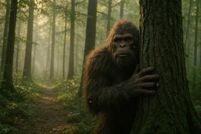 Bigfoot Peeking From Behind A Forest Tree