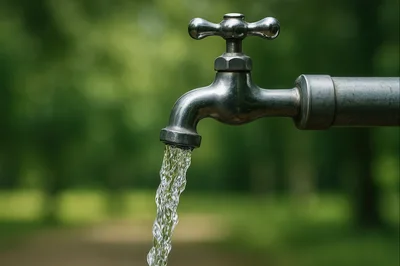 Metal Water Faucet Flowing In A Green Park