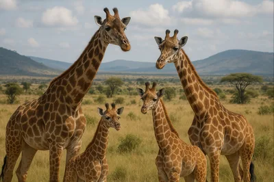 Family Of Giraffes Standing In The African Savanna