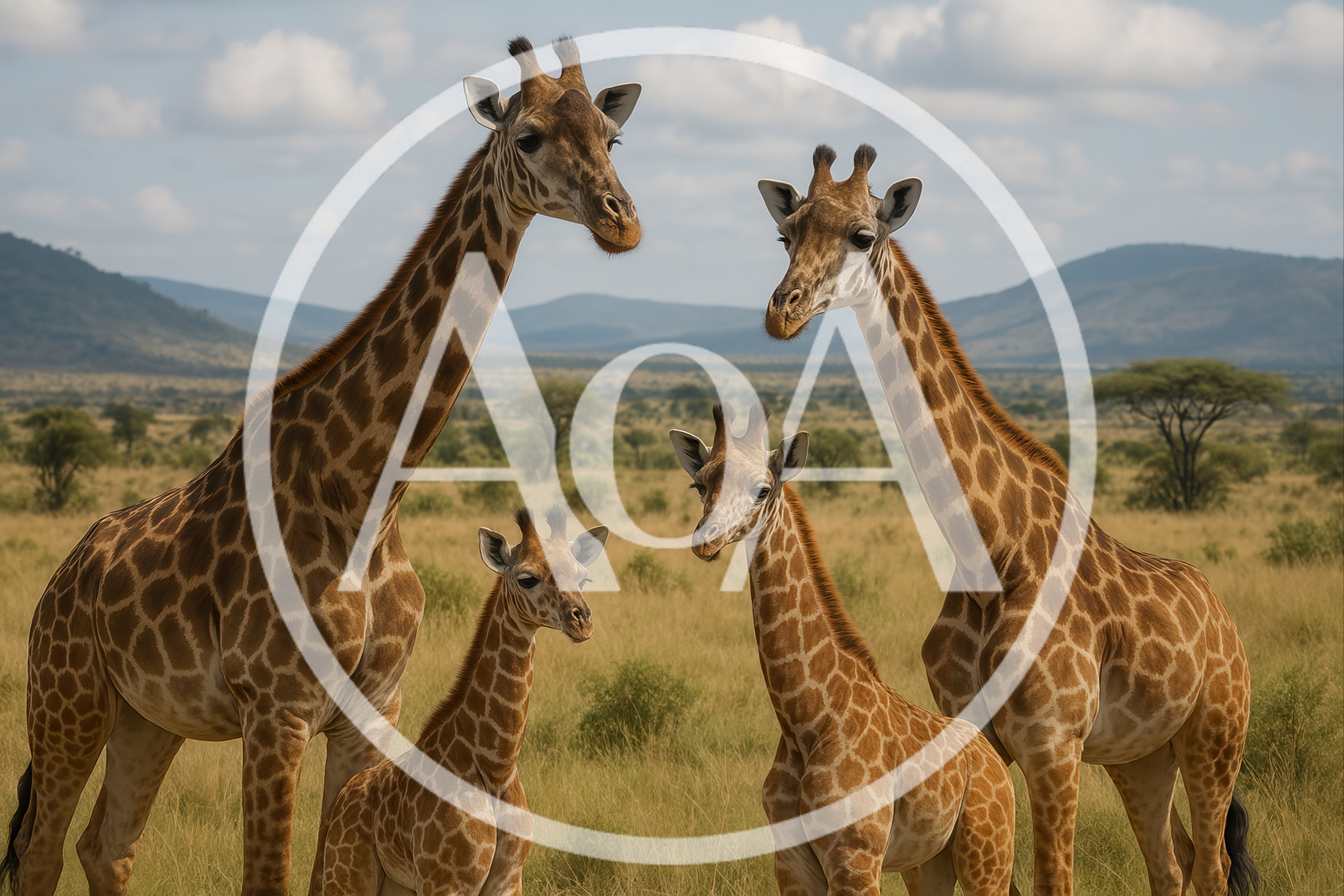Family Of Giraffes Standing In The African Savanna