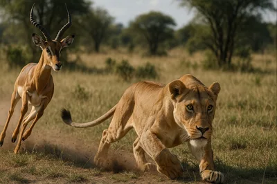 Lioness Chasing An Impala In The African Savanna