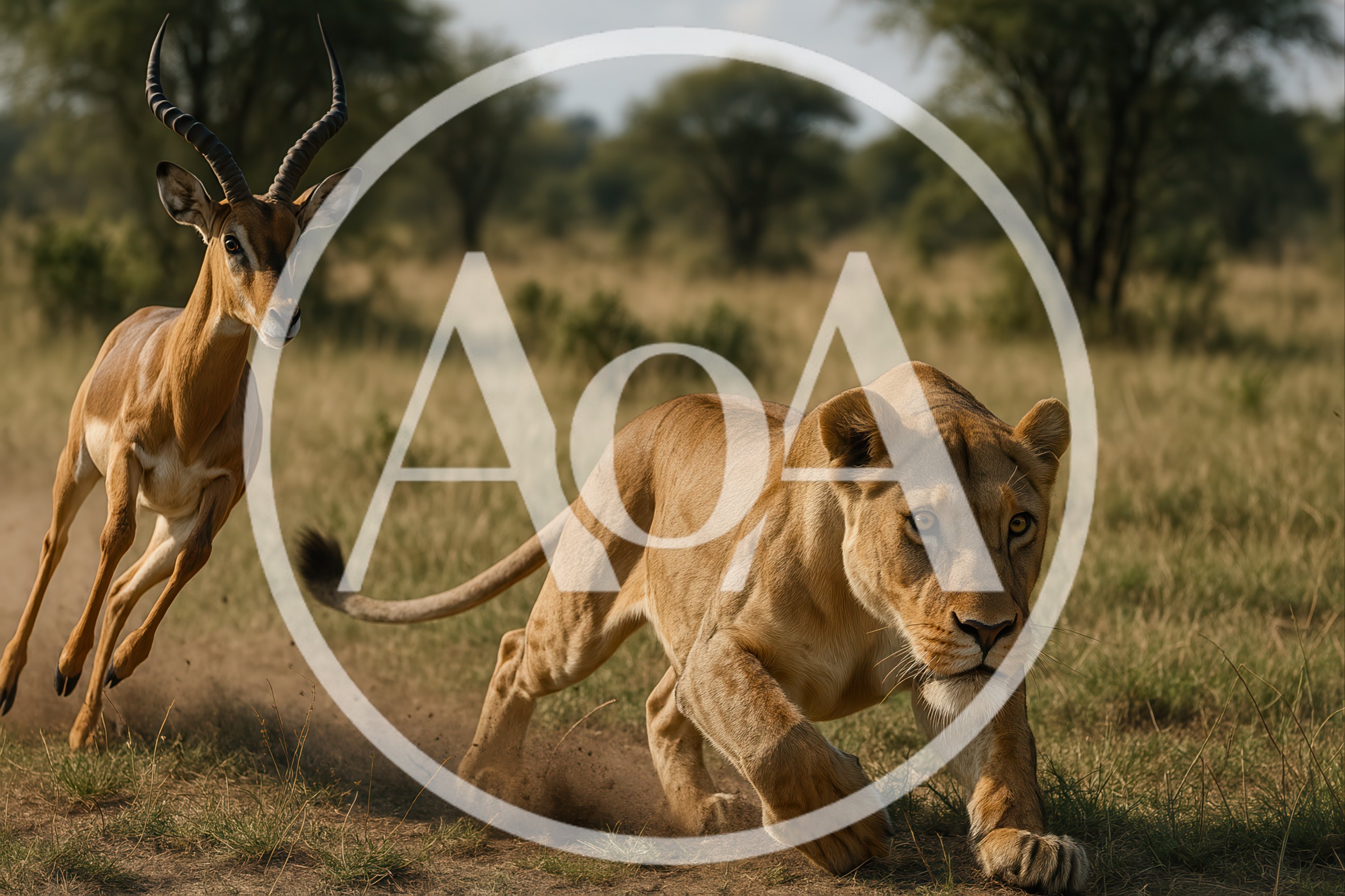 Lioness Chasing An Impala In The African Savanna