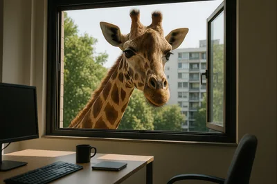 Surreal Giraffe Looking Through An Office Window