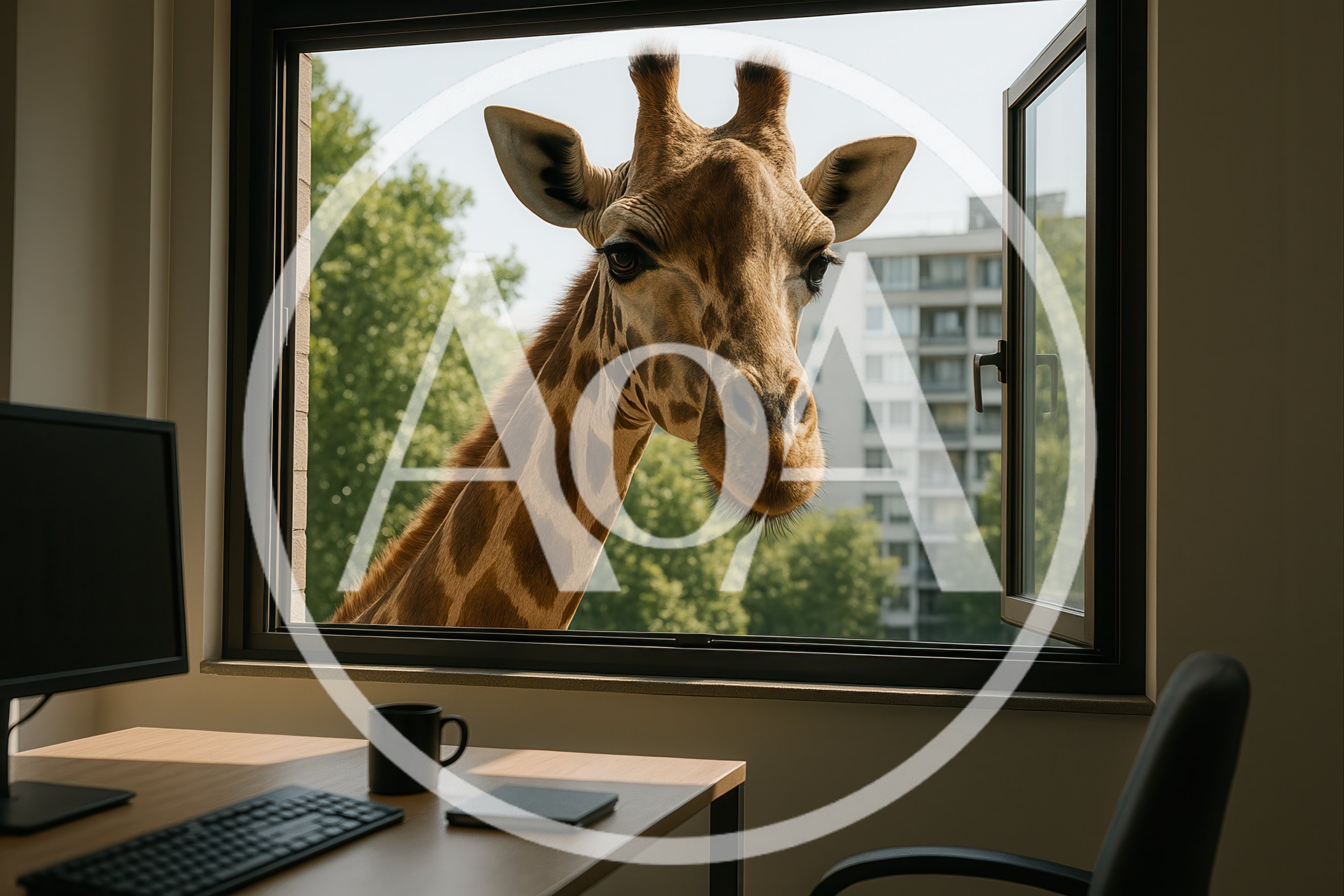 Surreal Giraffe Looking Through An Office Window