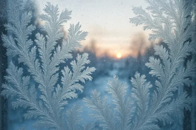 Frost Patterns On Window Pane At Sunset