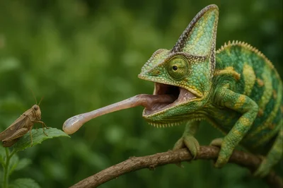 Veiled Chameleon Hunting A Grasshopper With Extended Tongue