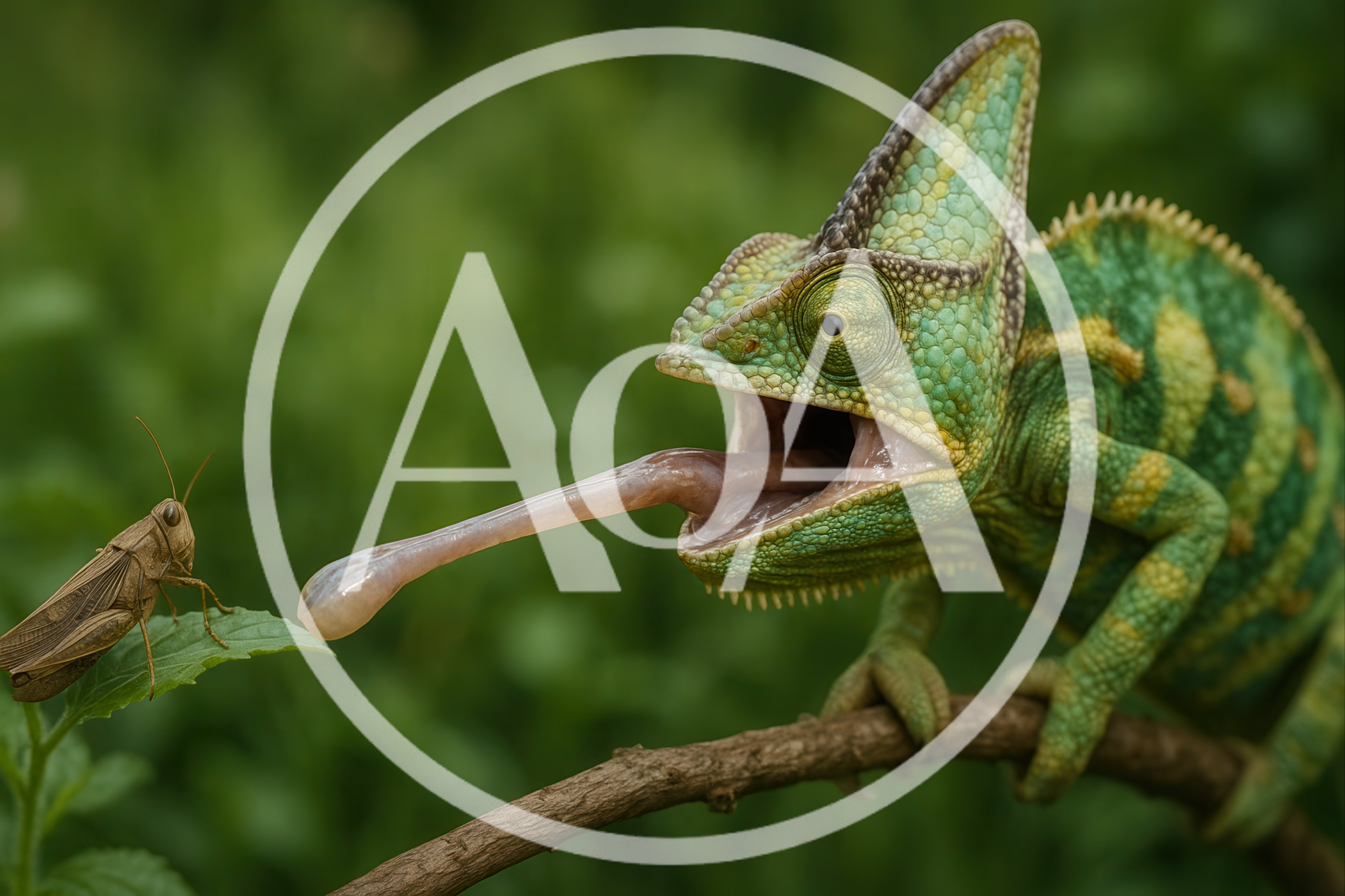 Veiled Chameleon Hunting A Grasshopper With Extended Tongue