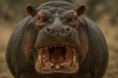 Aggressive Hippopotamus With Open Mouth Facing Camera