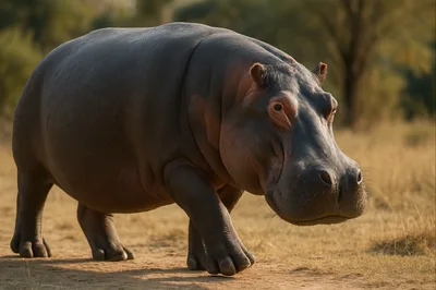 Hippopotamus Walking Through Dry African Savanna Grassland