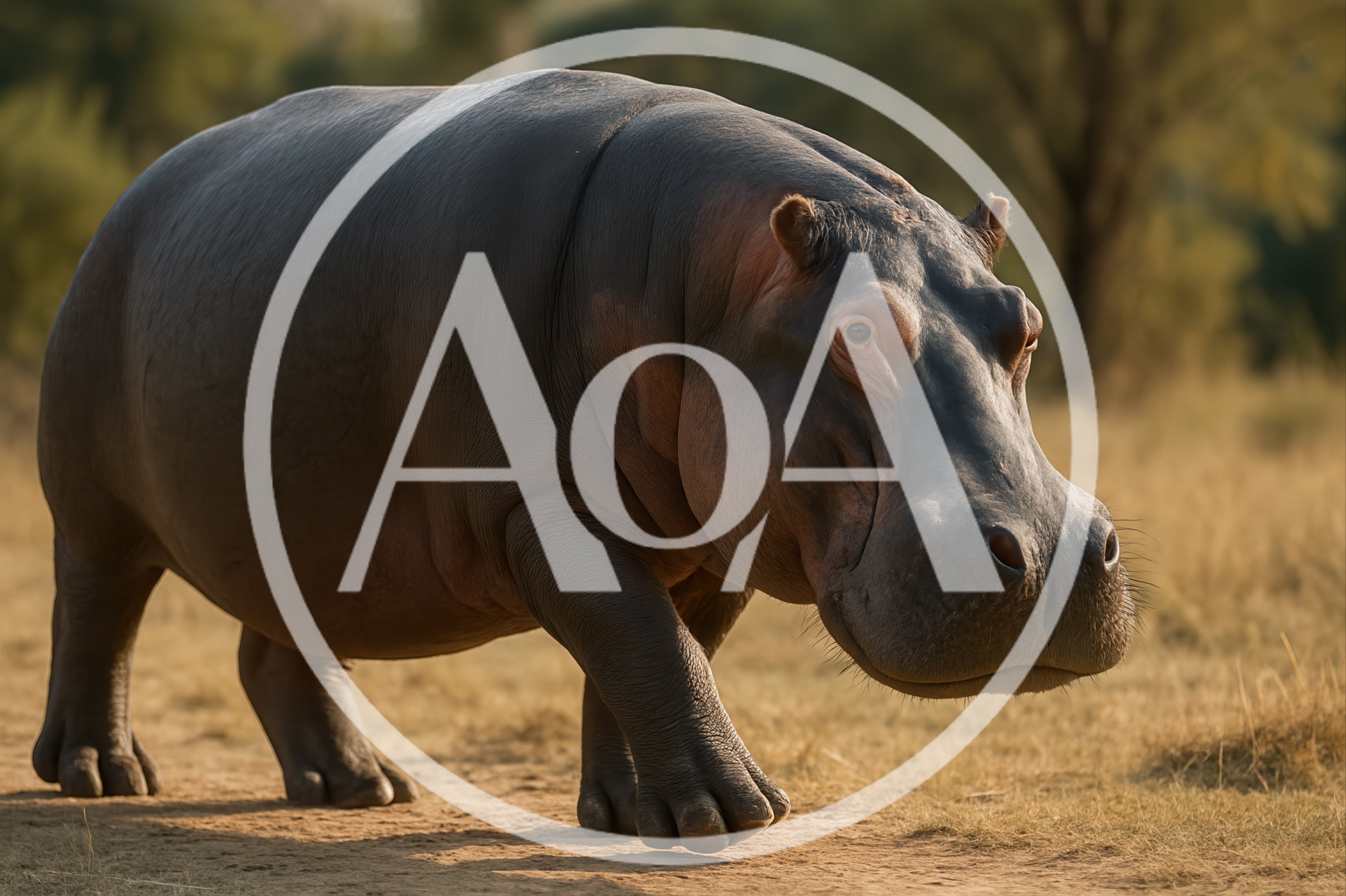 Hippopotamus Walking Through Dry African Savanna Grassland