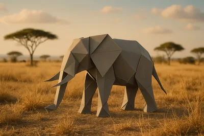 Origami Elephant Standing In African Savanna