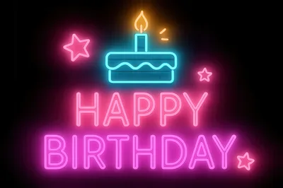 Neon Happy Birthday Sign With Cake Illustration