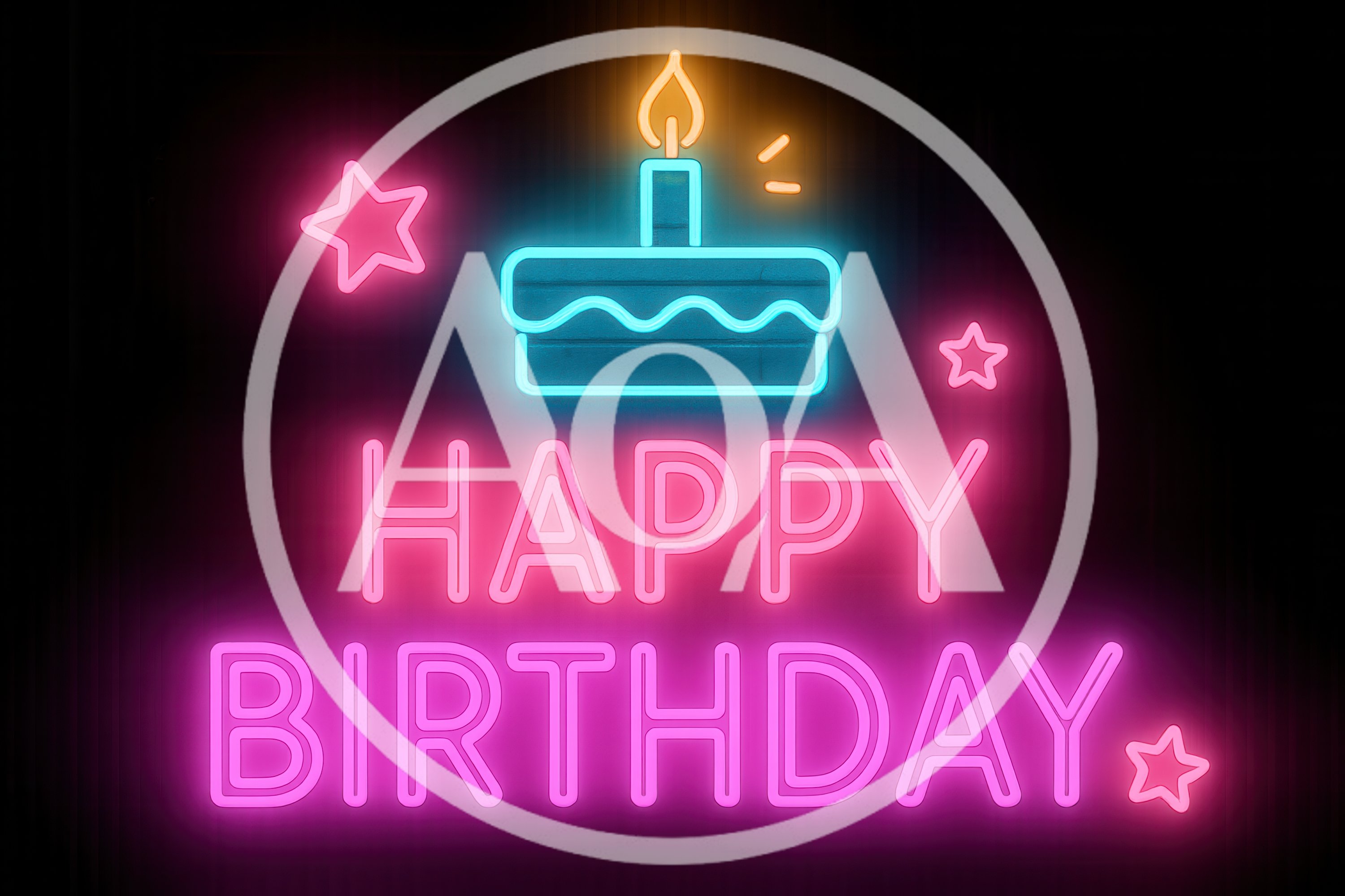 Neon Happy Birthday Sign With Cake Illustration
