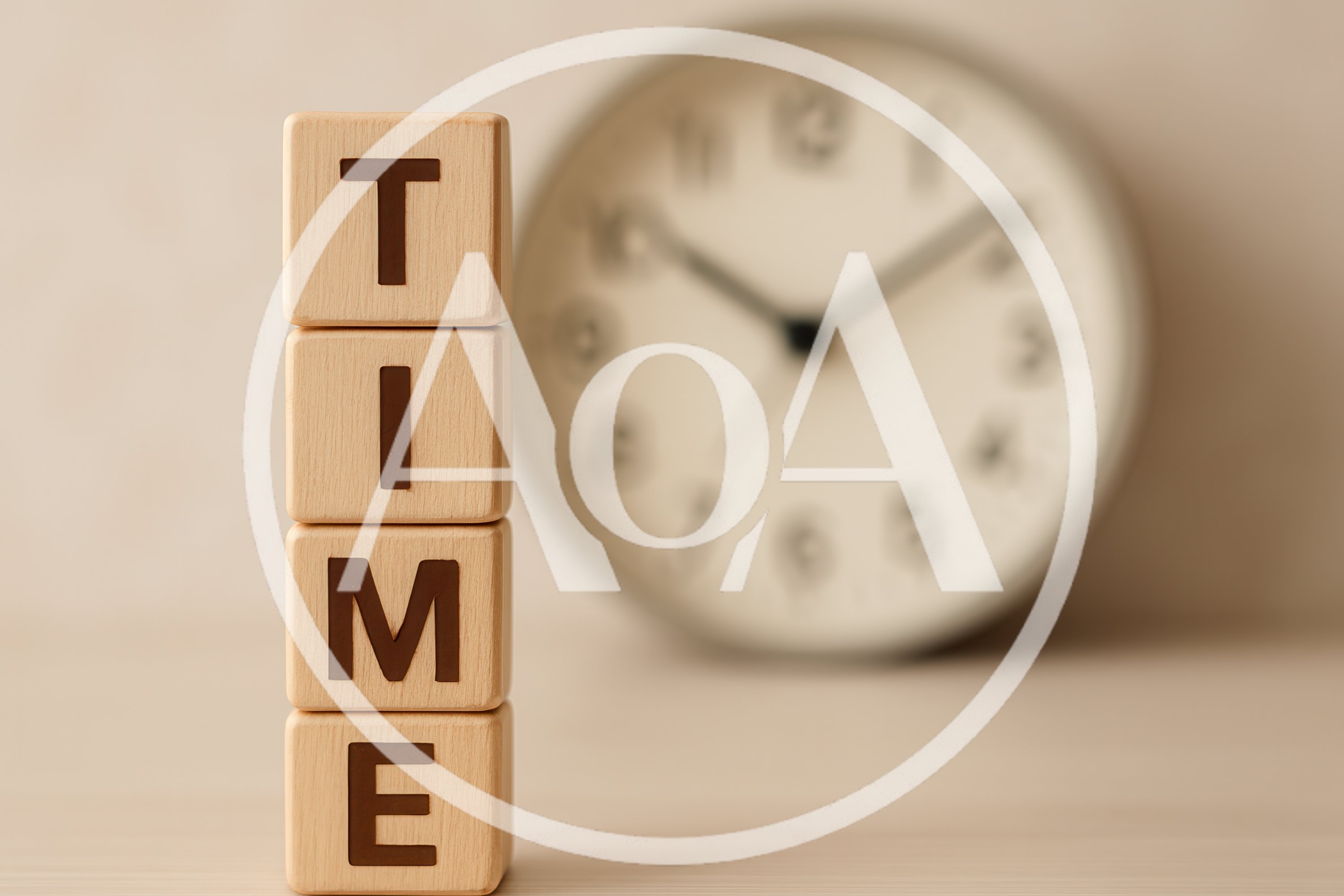 Wooden Blocks Spelling Time With Blurred Clock Background