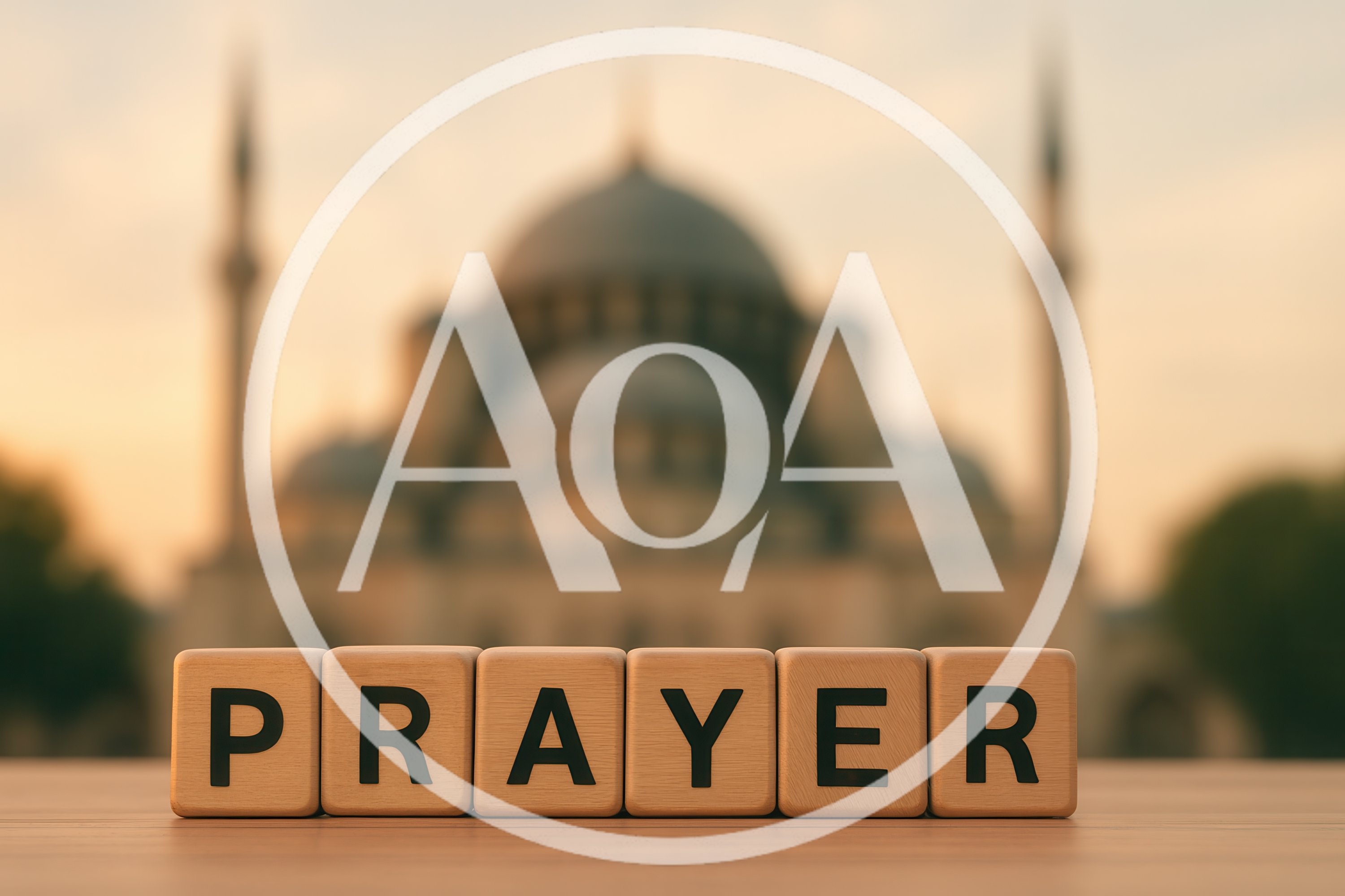 Wooden Blocks Spelling Prayer In Front Of A Mosque