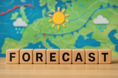 Wooden Blocks Spelling Forecast Against Weather Map Background