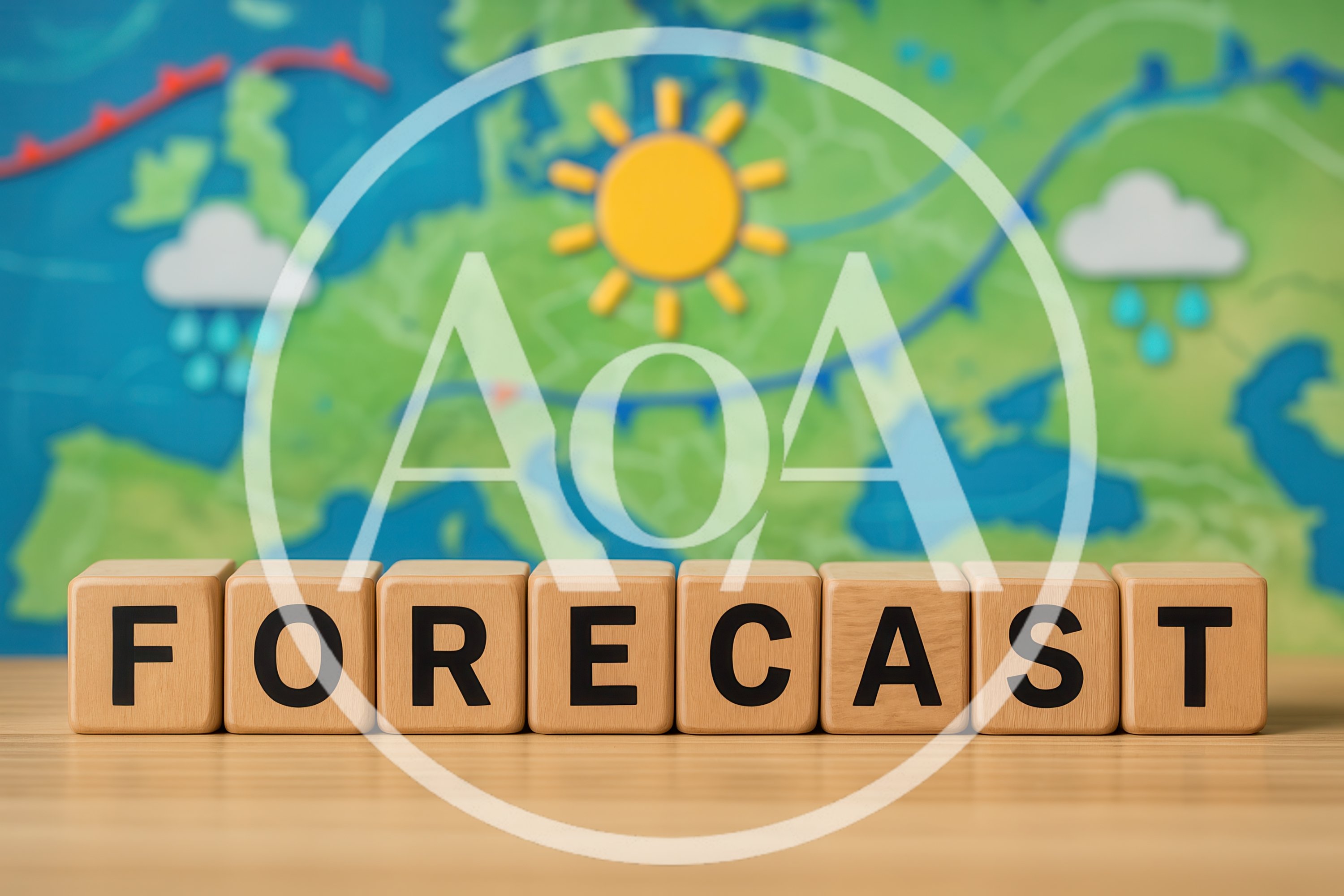 Wooden Blocks Spelling Forecast Against Weather Map Background