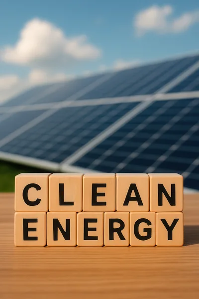Clean Energy Text Blocks In Front Of Solar Panels