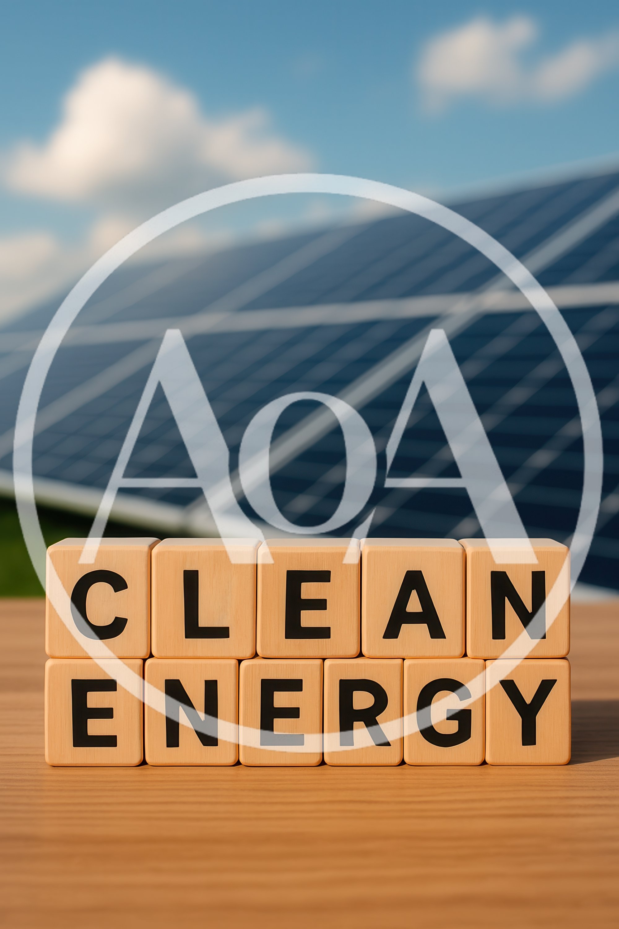 Clean Energy Text Blocks In Front Of Solar Panels