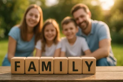 Family Word Blocks With Blurred Parents And Children