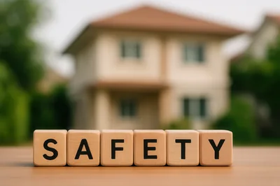Wooden Blocks Spelling Safety In Front Of Blurred House