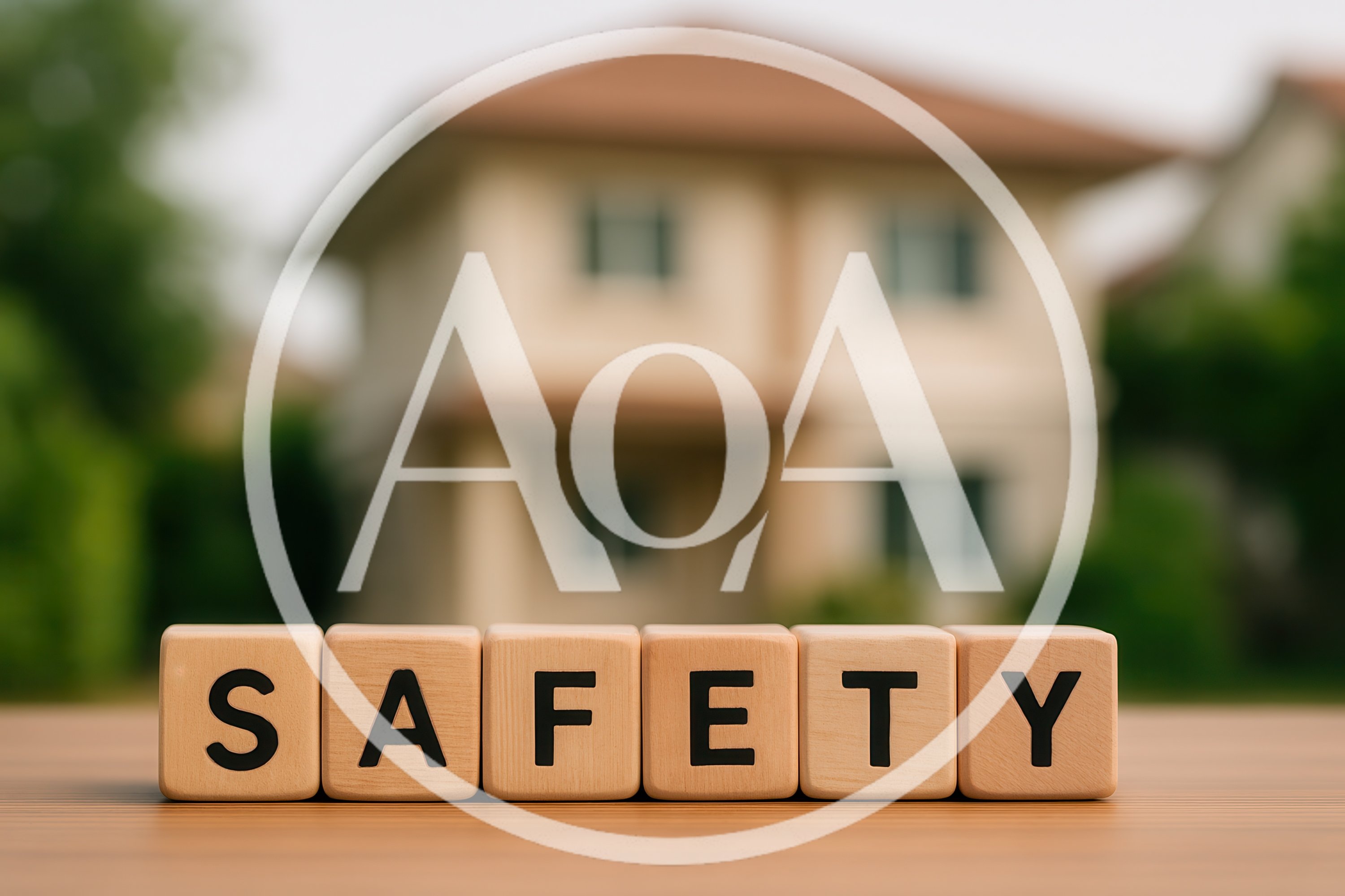 Wooden Blocks Spelling Safety In Front Of Blurred House