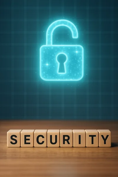 Wooden Blocks Spelling Security With Glowing Digital Lock Icon