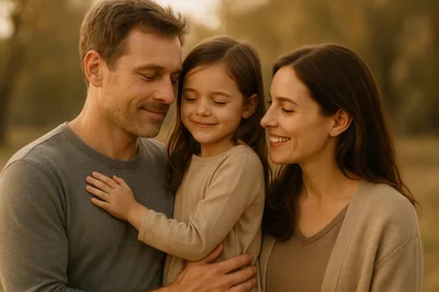 Happy Family Embracing Outdoors During Golden Hour