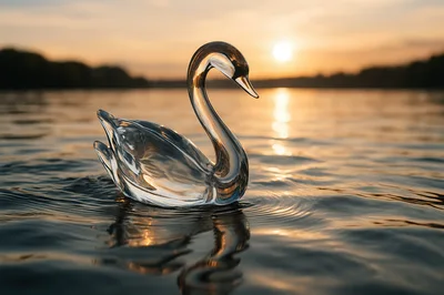 Crystal Swan Figurine Floating On Calm Lake At Sunset