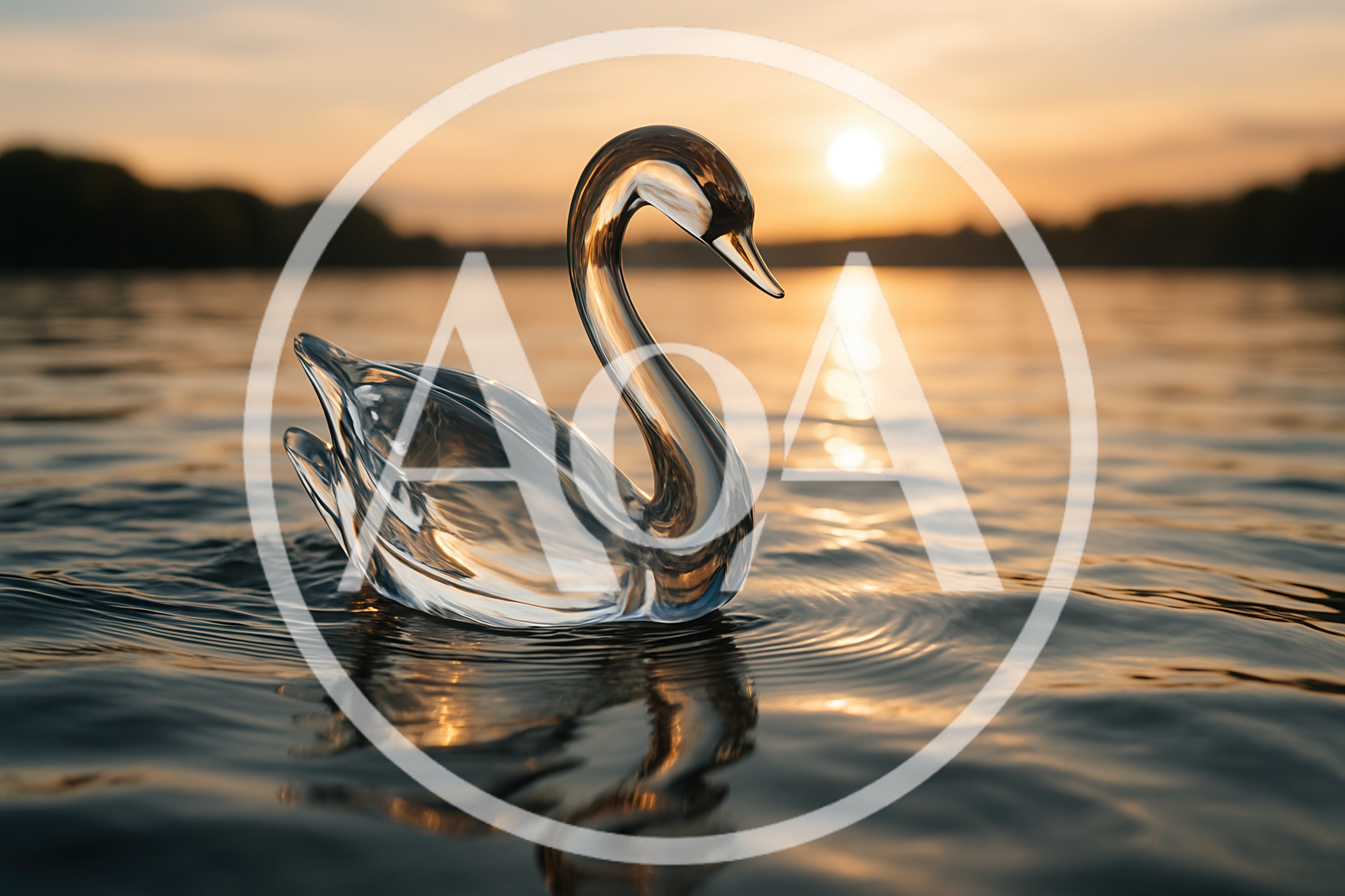 Crystal Swan Figurine Floating On Calm Lake At Sunset